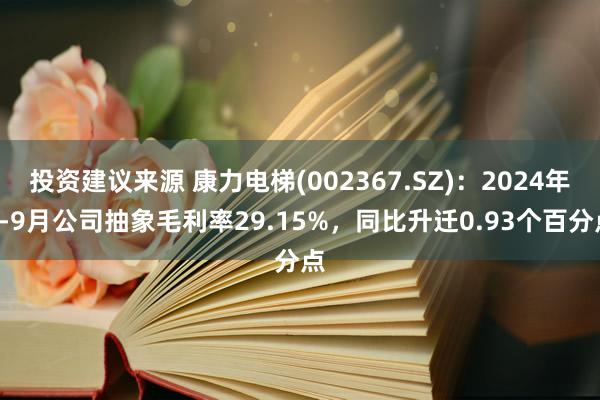 投资建议来源 康力电梯(002367.SZ)：2024年1-9月公司抽象毛利率29.15%，同比升迁0.93个百分点