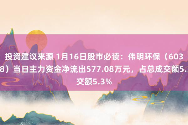 投资建议来源 1月16日股市必读：伟明环保（603568）当日主力资金净流出577.08万元，占总成交额5.3%