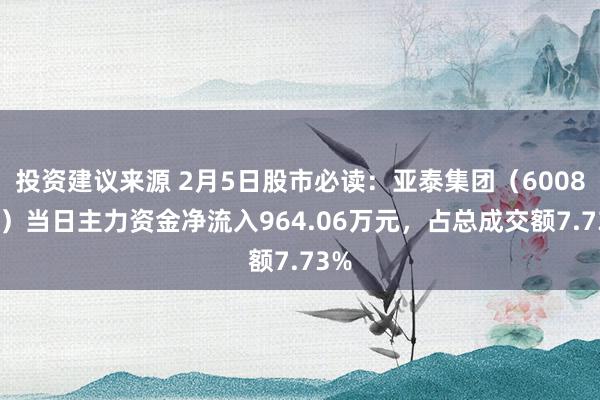 投资建议来源 2月5日股市必读：亚泰集团（600881）当日主力资金净流入964.06万元，占总成交额7.73%