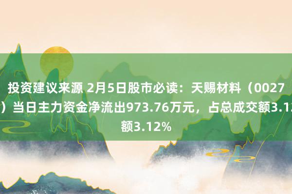 投资建议来源 2月5日股市必读：天赐材料（002709）当日主力资金净流出973.76万元，占总成交额3.12%