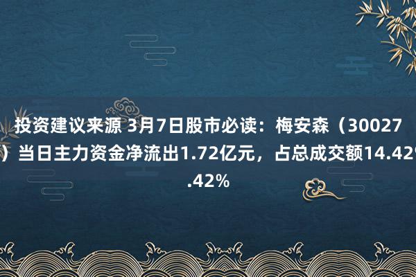 投资建议来源 3月7日股市必读：梅安森（300275）当日主力资金净流出1.72亿元，占总成交额14.42%